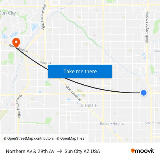 Northern Av & 29th Av to Sun City AZ USA map