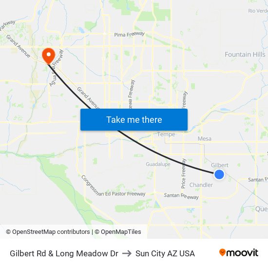 Gilbert Rd & Long Meadow Dr to Sun City AZ USA map