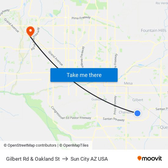 Gilbert Rd & Oakland St to Sun City AZ USA map