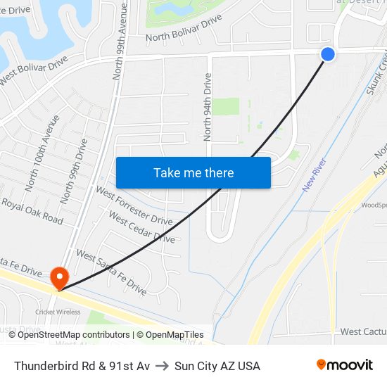 Thunderbird Rd & 91st Av to Sun City AZ USA map