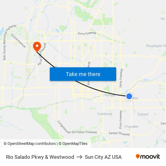 Rio Salado Pkwy & Westwood to Sun City AZ USA map