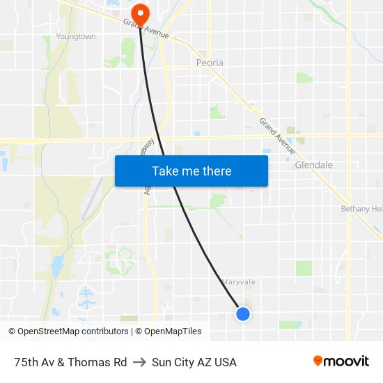 75th Av & Thomas Rd to Sun City AZ USA map
