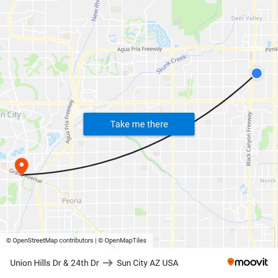 Union Hills Dr & 24th Dr to Sun City AZ USA map