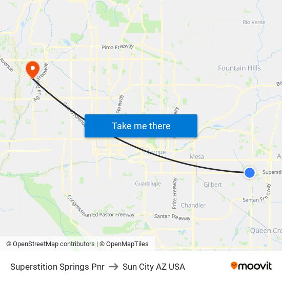 Superstition Springs Pnr to Sun City AZ USA map