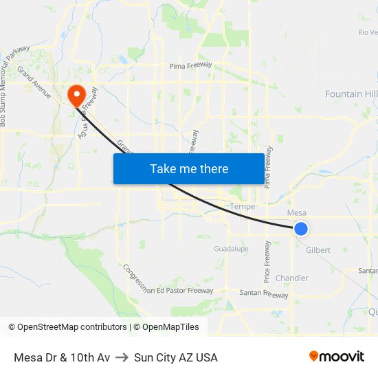 Mesa Dr & 10th Av to Sun City AZ USA map