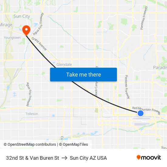 32nd St & Van Buren St to Sun City AZ USA map