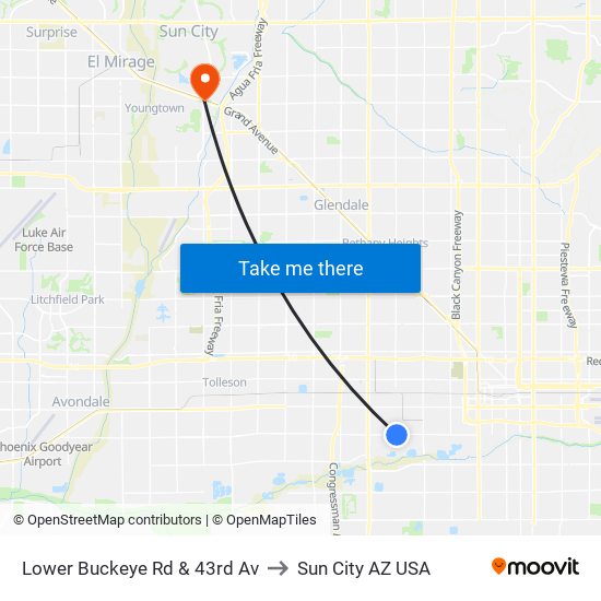 Lower Buckeye Rd & 43rd Av to Sun City AZ USA map