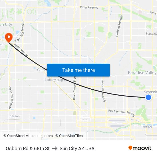 Osborn Rd & 68th St to Sun City AZ USA map