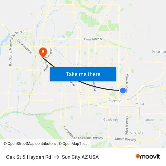 Oak St & Hayden Rd to Sun City AZ USA map