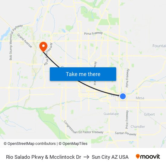 Rio Salado Pkwy & Mcclintock Dr to Sun City AZ USA map