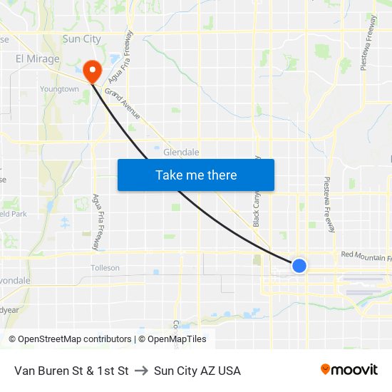 Van Buren St & 1st St to Sun City AZ USA map