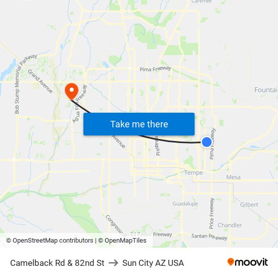 Camelback Rd & 82nd St to Sun City AZ USA map