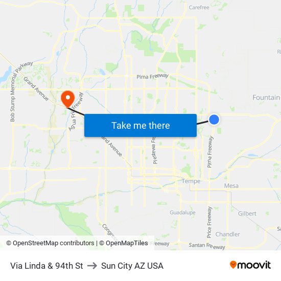 Via Linda & 94th St to Sun City AZ USA map