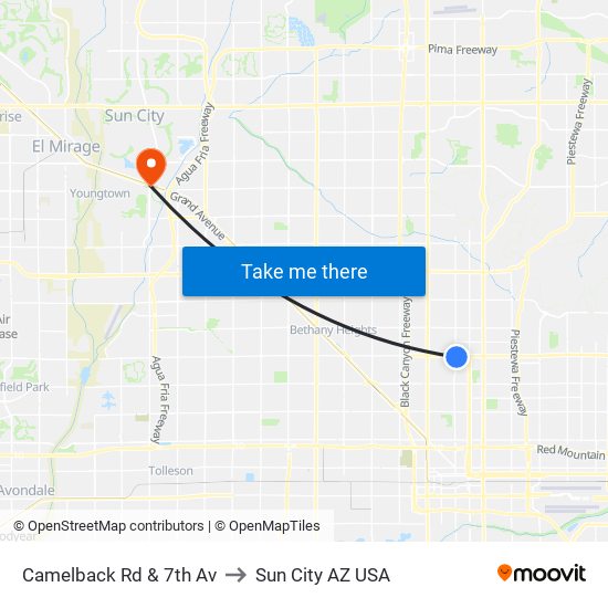 Camelback Rd & 7th Av to Sun City AZ USA map