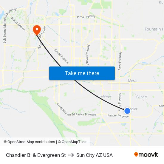 Chandler Bl & Evergreen St to Sun City AZ USA map