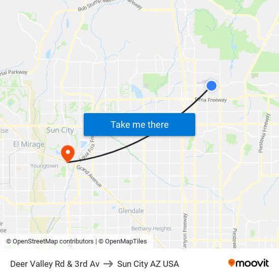 Deer Valley Rd & 3rd Av to Sun City AZ USA map