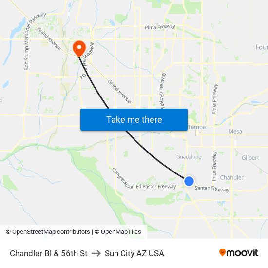 Chandler Bl & 56th St to Sun City AZ USA map