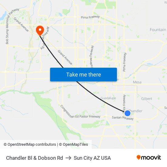 Chandler Bl & Dobson Rd to Sun City AZ USA map