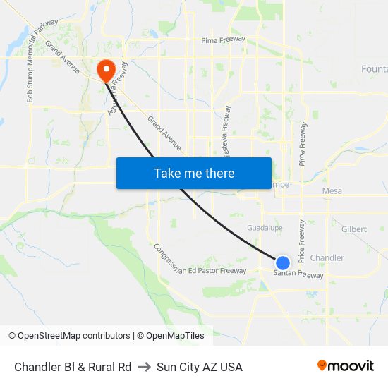 Chandler Bl & Rural Rd to Sun City AZ USA map