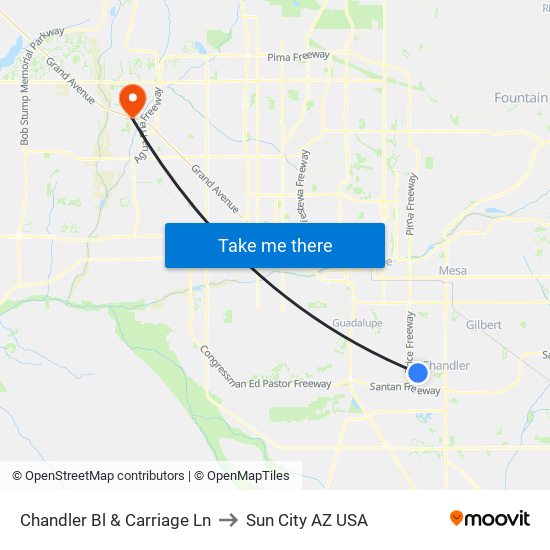 Chandler Bl & Carriage Ln to Sun City AZ USA map