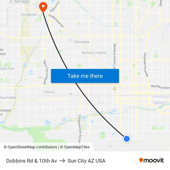 Dobbins Rd & 10th Av to Sun City AZ USA map