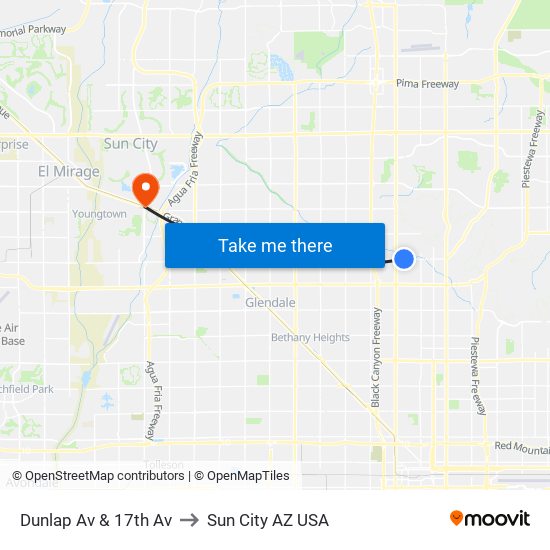 Dunlap Av & 17th Av to Sun City AZ USA map