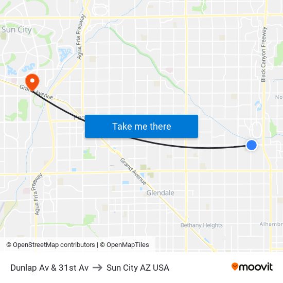 Dunlap Av & 31st Av to Sun City AZ USA map