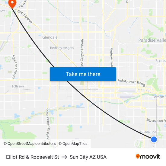 Elliot Rd & Roosevelt St to Sun City AZ USA map