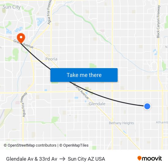 Glendale Av & 33rd Av to Sun City AZ USA map