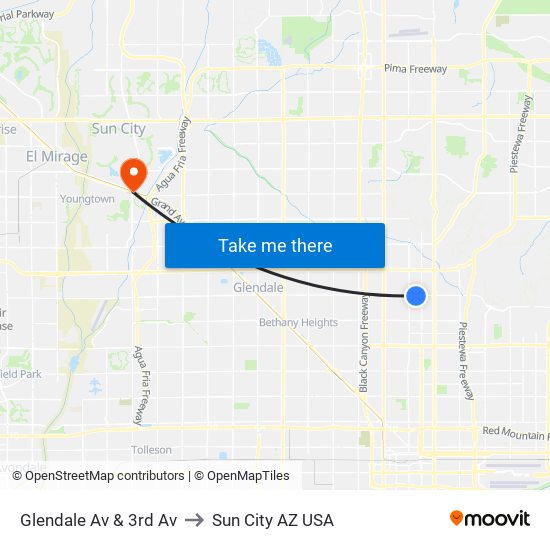 Glendale Av & 3rd Av to Sun City AZ USA map