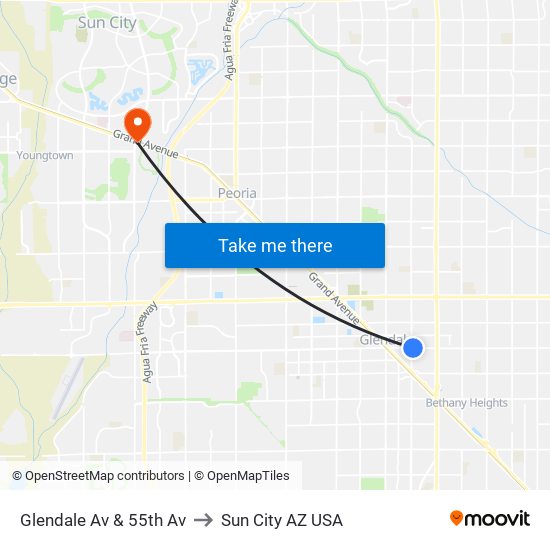 Glendale Av & 55th Av to Sun City AZ USA map