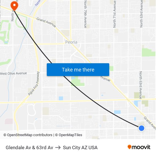 Glendale Av & 63rd Av to Sun City AZ USA map
