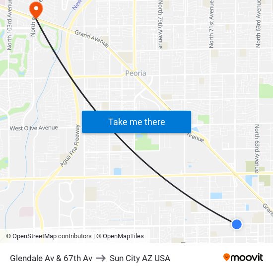 Glendale Av & 67th Av to Sun City AZ USA map