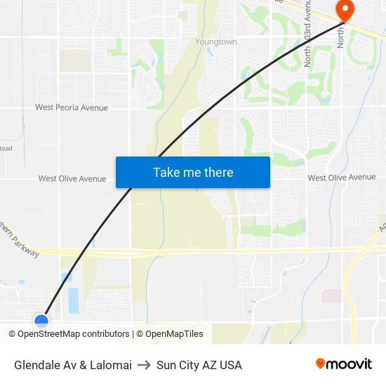 Glendale Av & Lalomai to Sun City AZ USA map