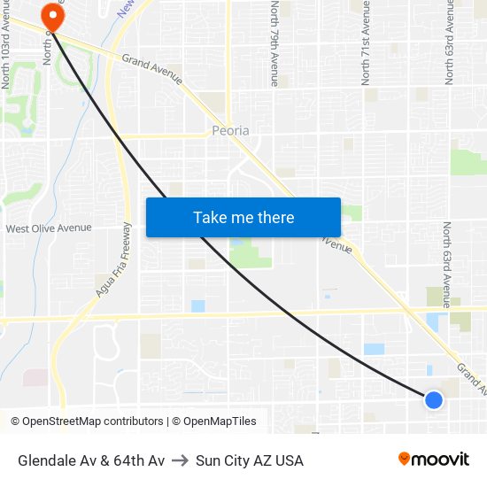 Glendale Av & 64th Av to Sun City AZ USA map