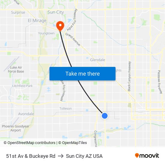 51st Av & Buckeye Rd to Sun City AZ USA map