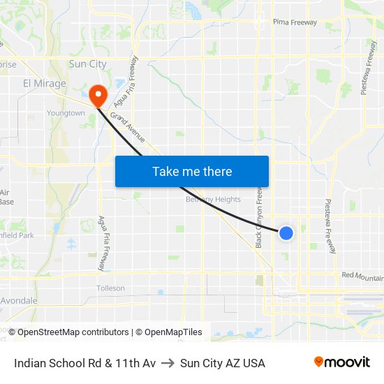 Indian School Rd & 11th Av to Sun City AZ USA map