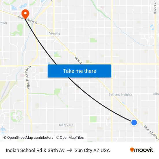 Indian School Rd & 39th Av to Sun City AZ USA map