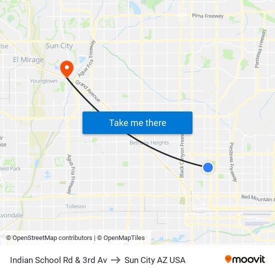 Indian School Rd & 3rd Av to Sun City AZ USA map