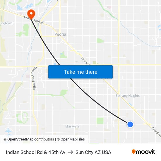 Indian School Rd & 45th Av to Sun City AZ USA map