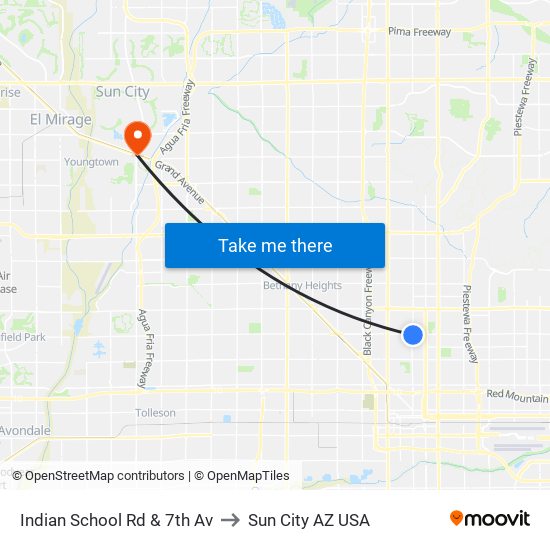 Indian School Rd & 7th Av to Sun City AZ USA map