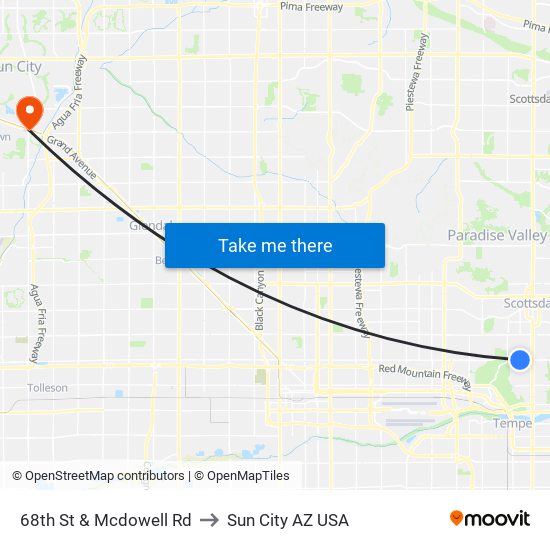 68th St & Mcdowell Rd to Sun City AZ USA map