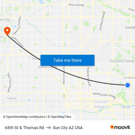 68th St & Thomas Rd to Sun City AZ USA map