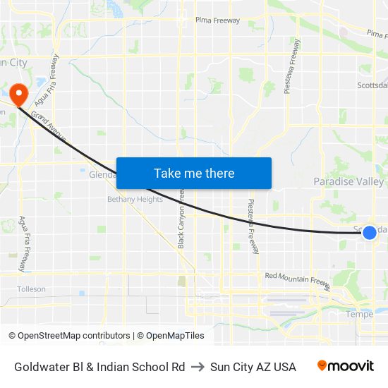 Goldwater Bl & Indian School Rd to Sun City AZ USA map