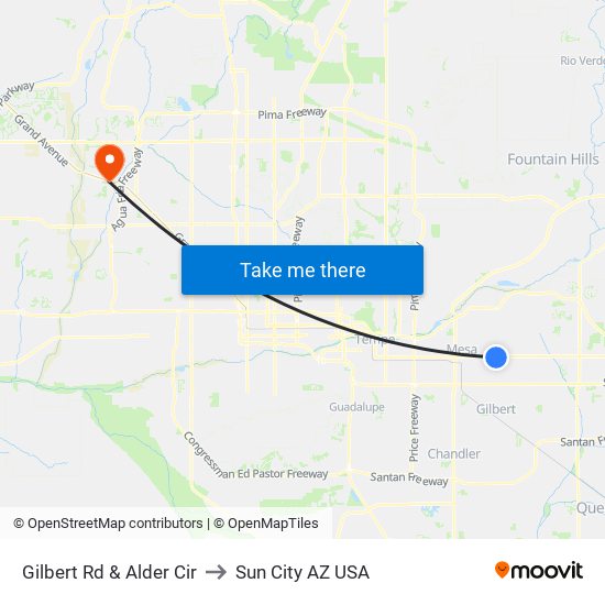 Gilbert Rd & Alder Cir to Sun City AZ USA map