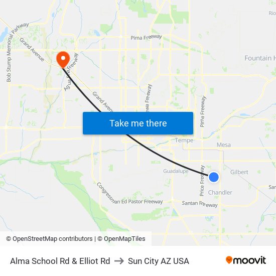 Alma School Rd & Elliot Rd to Sun City AZ USA map