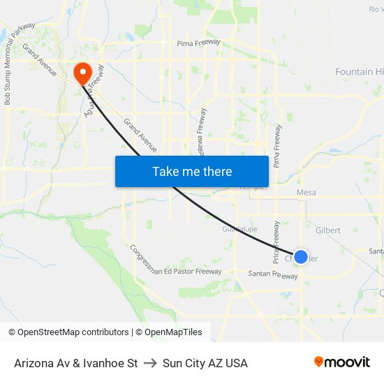 Arizona Av & Ivanhoe St to Sun City AZ USA map