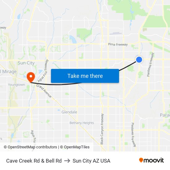Cave Creek Rd & Bell Rd to Sun City AZ USA map