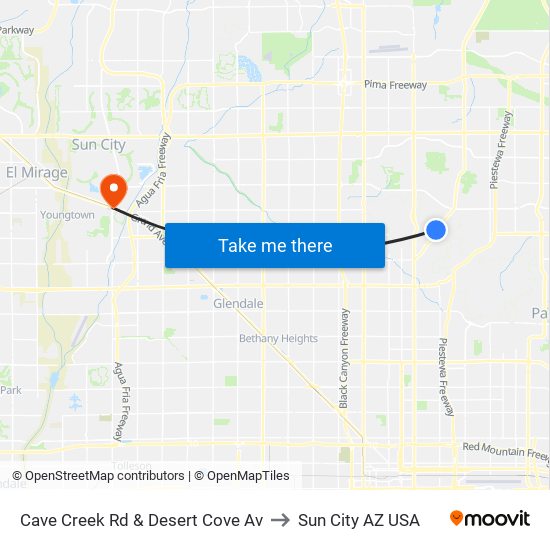 Cave Creek Rd & Desert Cove Av to Sun City AZ USA map