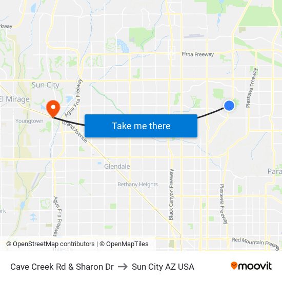 Cave Creek Rd & Sharon Dr to Sun City AZ USA map